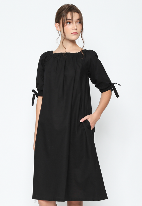 Women's Plain Black Midi Dress