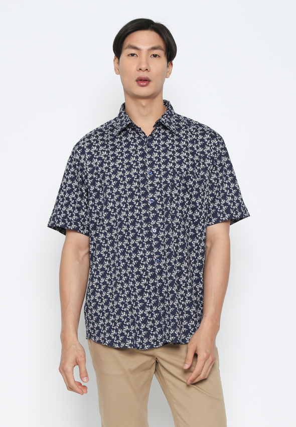 Navy Men's Short Sleeve Collared Shirt