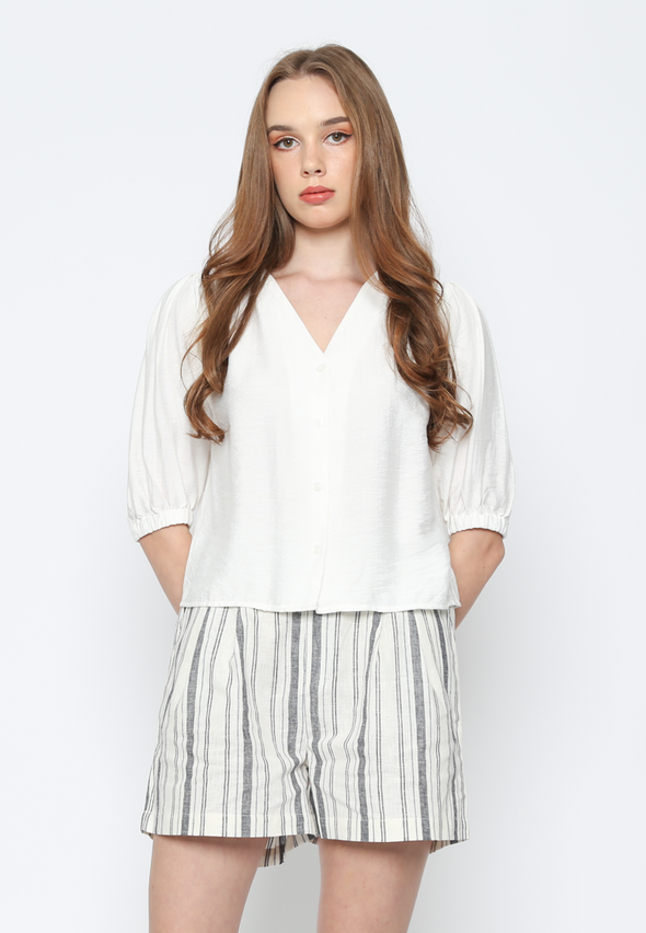 White Puff Sleeve V-Neck Blouse