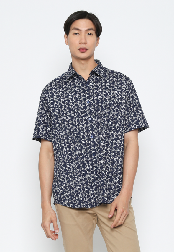 Navy Men's Short Sleeve Collared Shirt