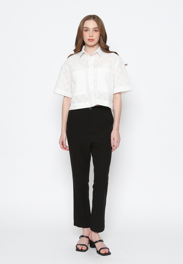 White 3/4 Sleeve Shirt with Pocket Detail
