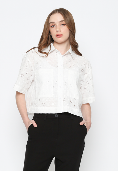 White 3/4 Sleeve Shirt with Pocket Detail