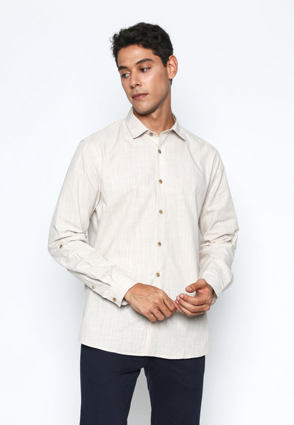 Khaki Cotton Slub Regular Fit Shirt