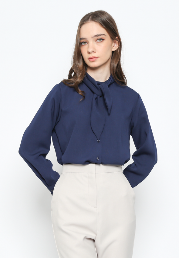 Women's Navy Shall Neck Long Sleeve Blouse