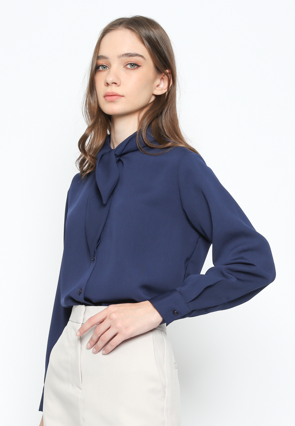 Women's Navy Shall Neck Long Sleeve Blouse