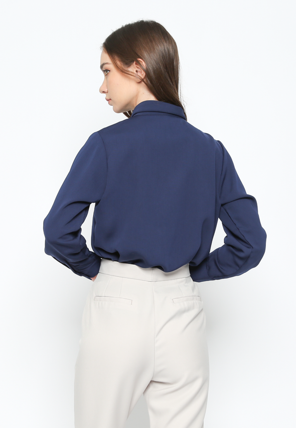 Women's Navy Shall Neck Long Sleeve Blouse