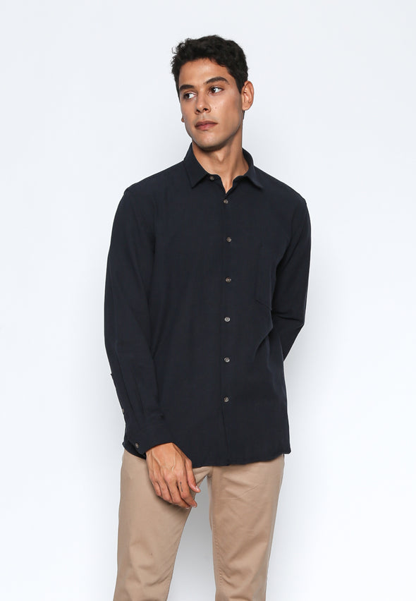 Navy Cotton Linen Look Shirt