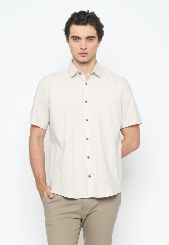 Men's Cream Short Sleeve Plain Shirt
