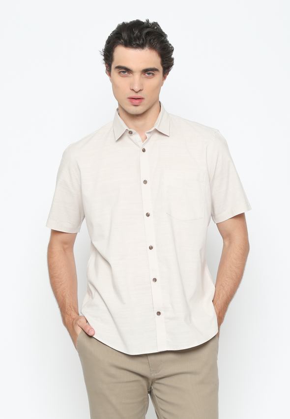 Men's Cream Short Sleeve Plain Shirt