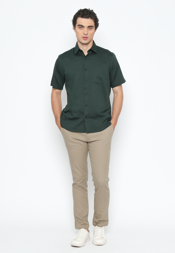 Men's Green Short Sleeve Plain Shirt With Pockets