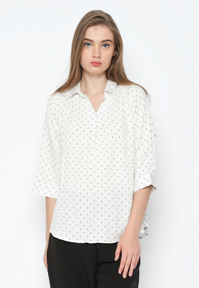 Women'S White V Neck Blouse With Motif