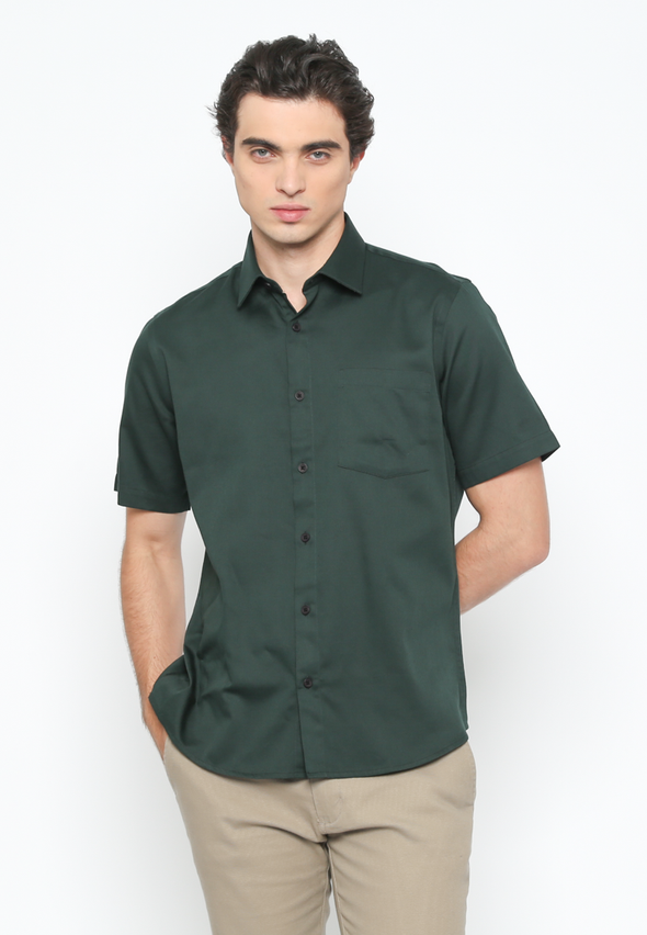 Men's Green Short Sleeve Plain Shirt With Pockets