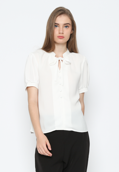 White Short Sleeve Blouse With Ribbon Collar Women