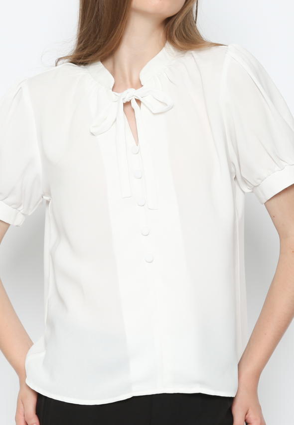 White Short Sleeve Blouse With Ribbon Collar Women