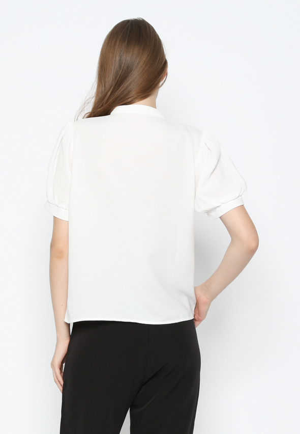 White Short Sleeve Blouse With Ribbon Collar Women