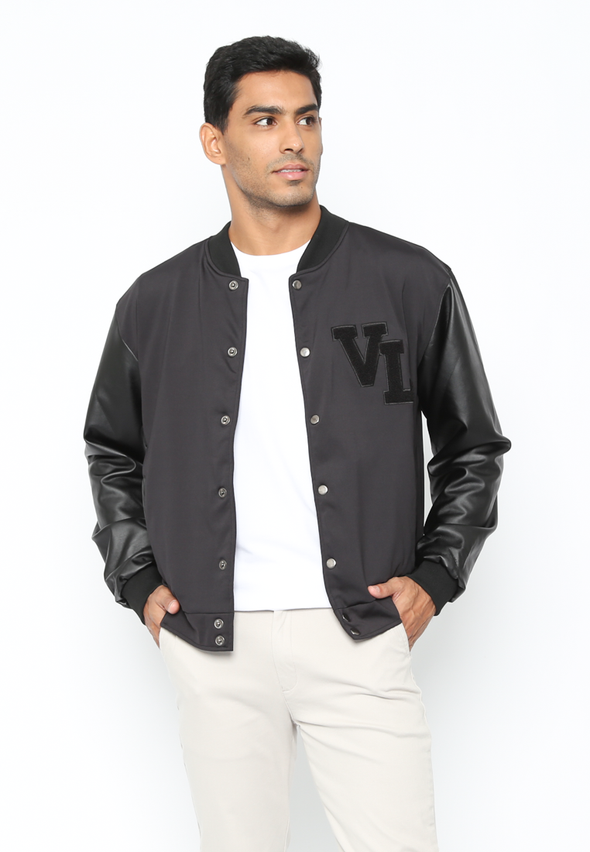 Men's Black Varsity Jacket with Black Synthetic Leather Sleeves