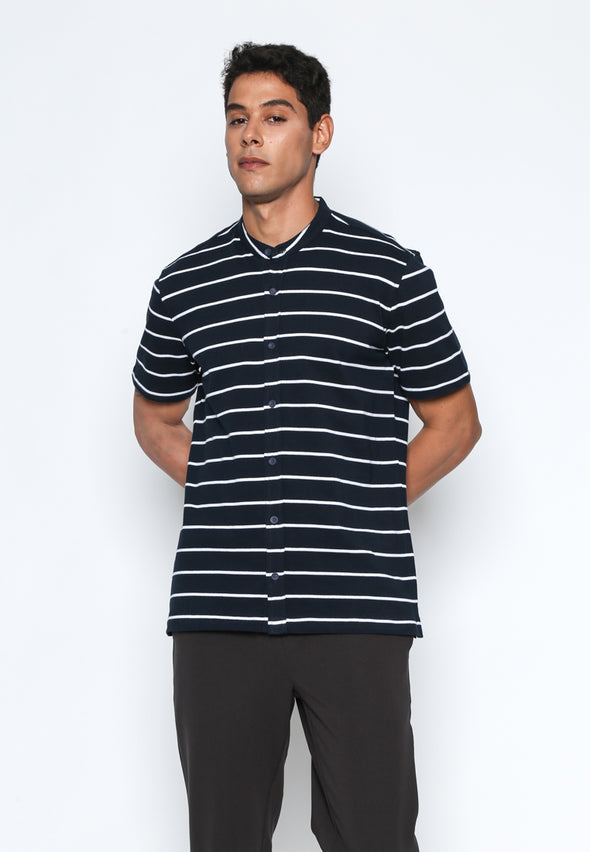 Navy Stripes Stand Collar Knit Shirt