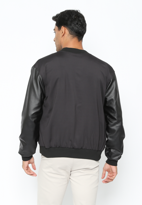 Men's Black Varsity Jacket with Black Synthetic Leather Sleeves