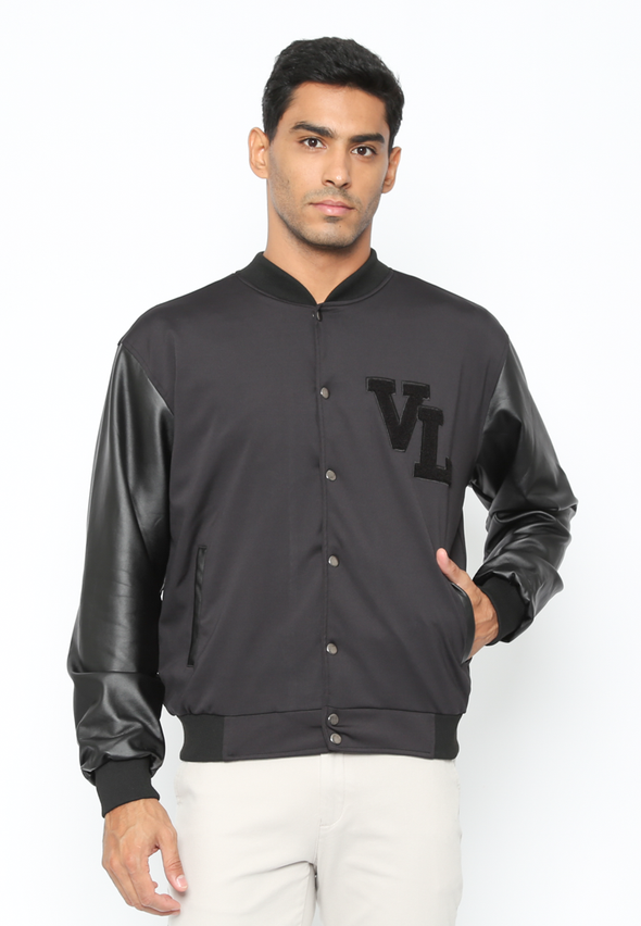 Men's Black Varsity Jacket with Black Synthetic Leather Sleeves