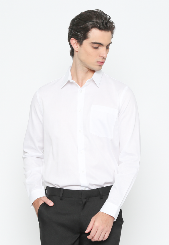 Men's White Slim Fit Plain Long Sleeve Shirt