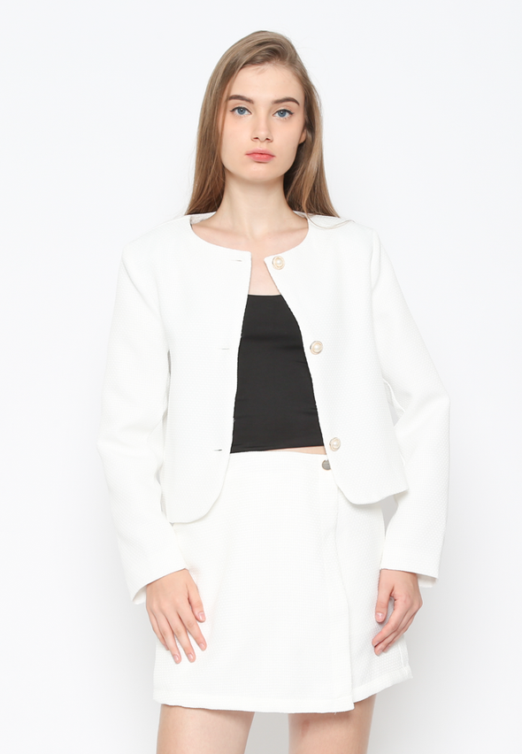 Women'S White Round Neck Boxy Cut Blazer