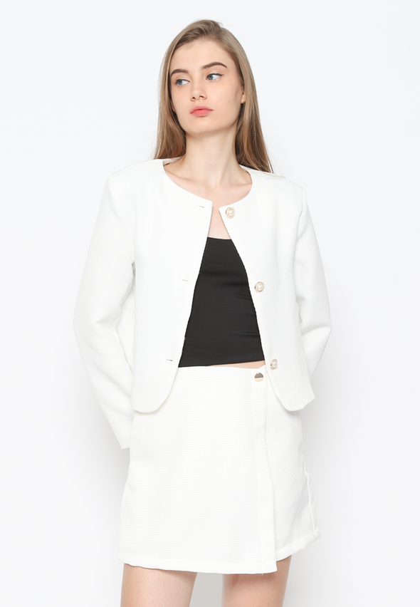 Women'S White Round Neck Boxy Cut Blazer