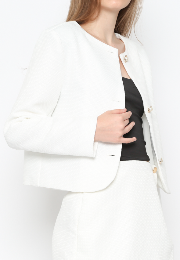 Women'S White Round Neck Boxy Cut Blazer