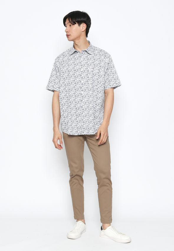 Men'S Short-Sleeved Shirt White With Leaf Pattern