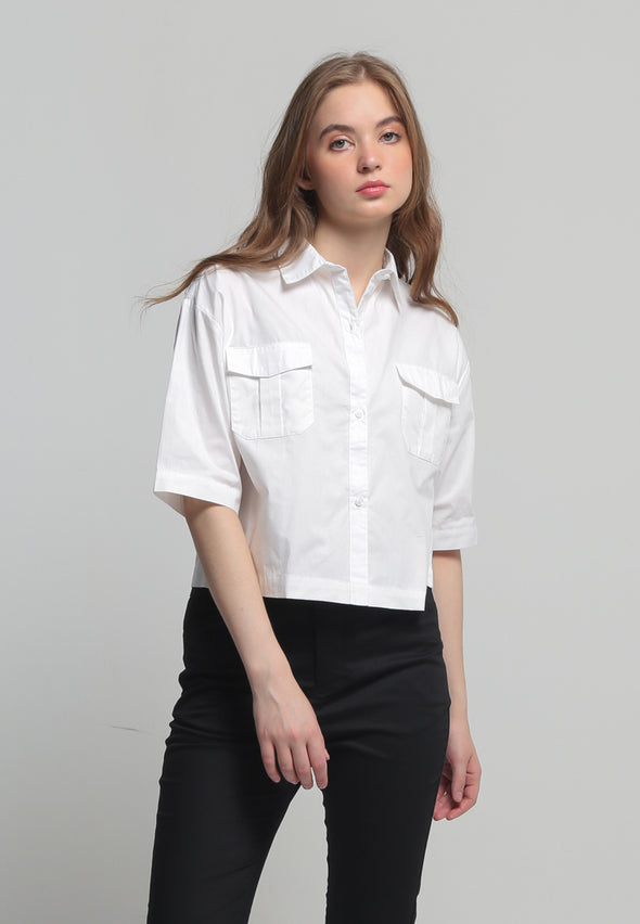 White Utility Pocket Cropped Shirt