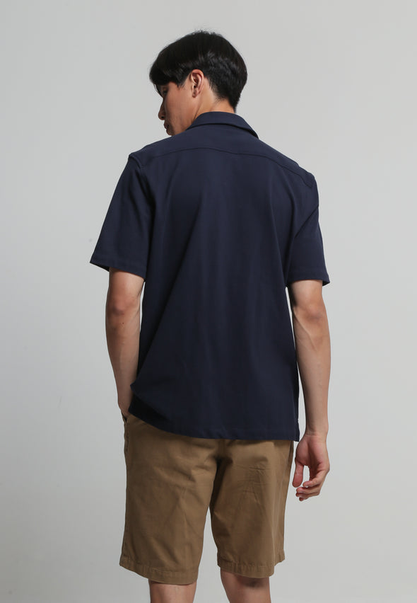 Navy Cuban Collar Knit Shirt