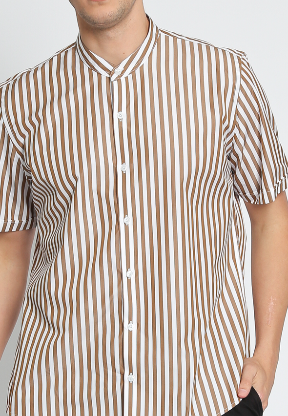 Striped Brown White Shanghai Collar Shirt