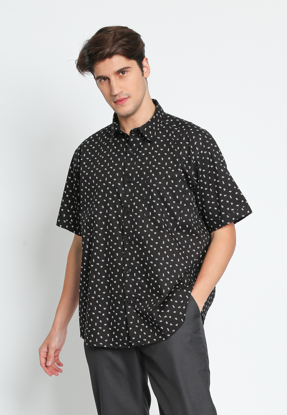 Black Cotton Tetris Print Shirt