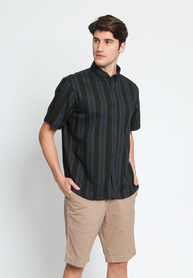 Black Cotton Blend Multicolored Stripes Shirt