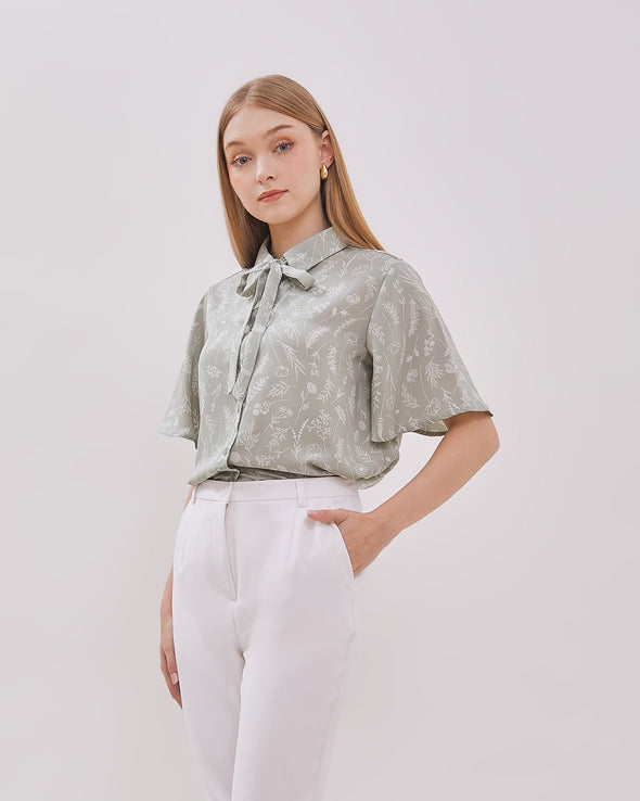 Women's Short Sleeve Green Print Shirt