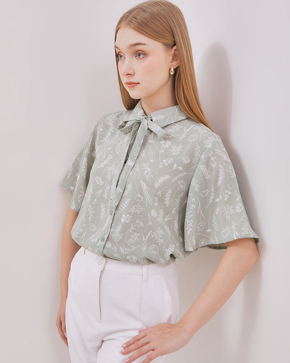 Women's Short Sleeve Green Print Shirt