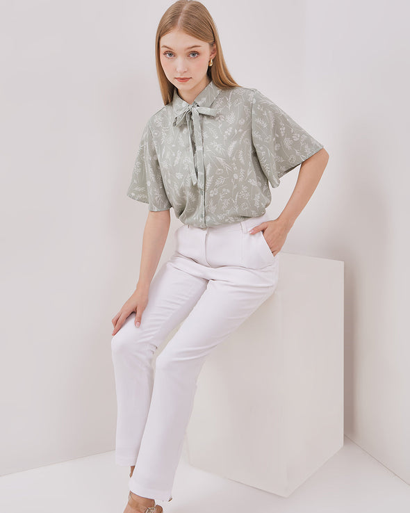 Women's Short Sleeve Green Print Shirt