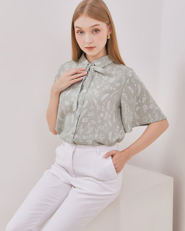 Women's Short Sleeve Green Print Shirt