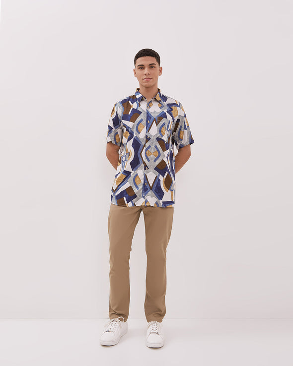 Short Sleeve Shirt With Cream Print Motif For Men