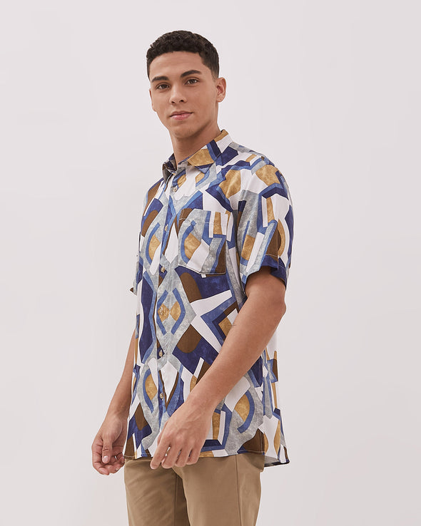 Short Sleeve Shirt With Cream Print Motif For Men