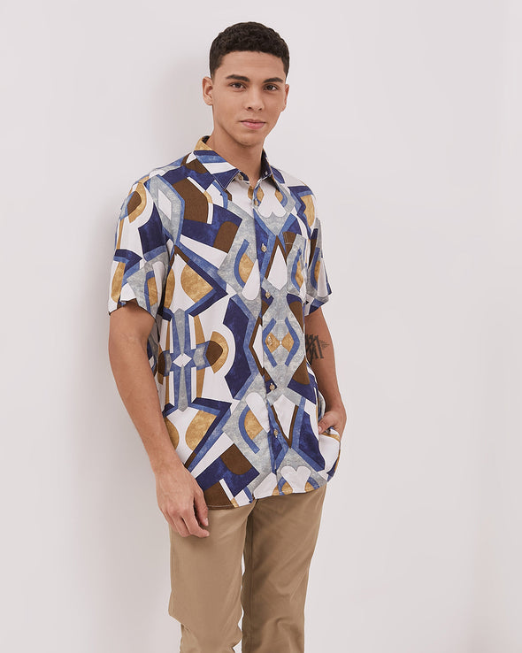 Short Sleeve Shirt With Cream Print Motif For Men
