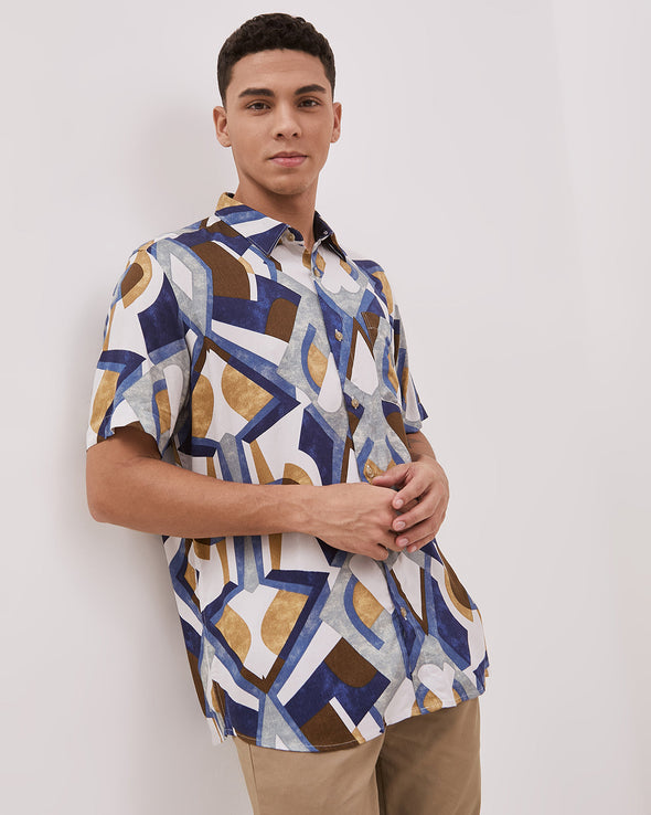 Short Sleeve Shirt With Cream Print Motif For Men