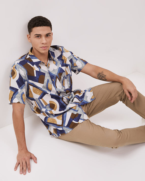 Short Sleeve Shirt With Cream Print Motif For Men