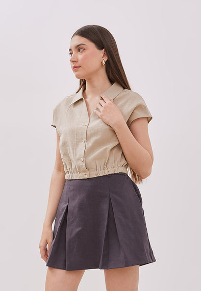 Women's Cream Crop Short Sleeved Blouse