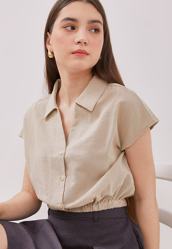 Women's Cream Crop Short Sleeved Blouse