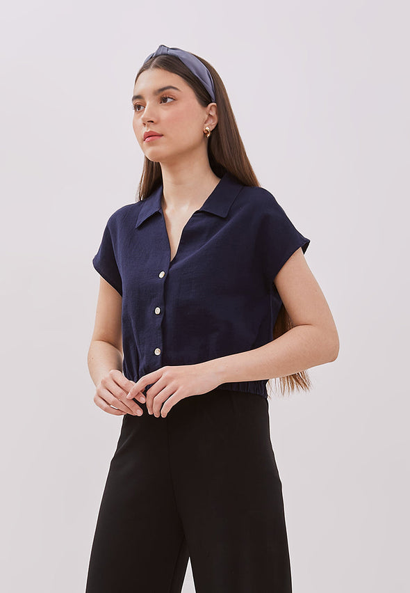 Women's Navy Crop Short Sleeved Blouse