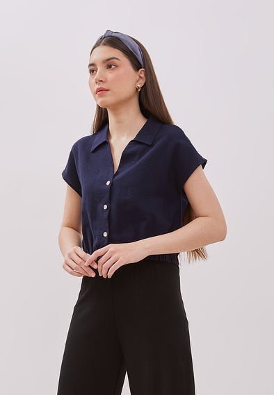 Women's Navy Crop Short Sleeved Blouse