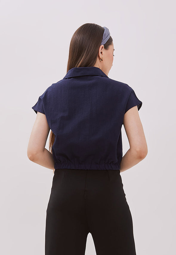Women's Navy Crop Short Sleeved Blouse