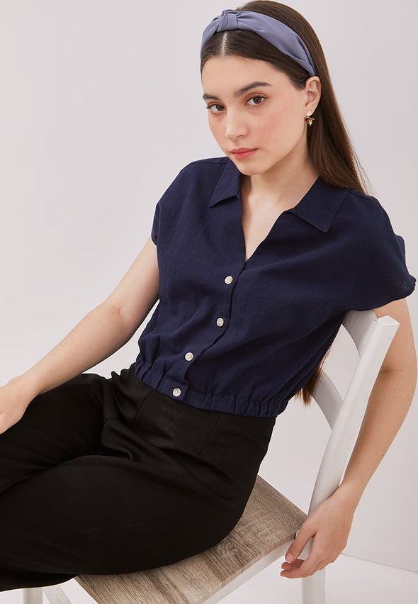 Women's Navy Crop Short Sleeved Blouse