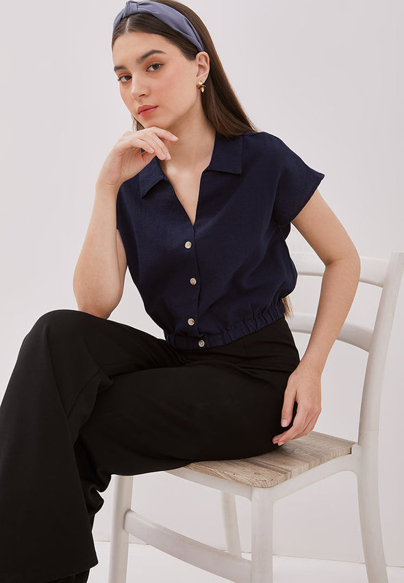 Women's Navy Crop Short Sleeved Blouse