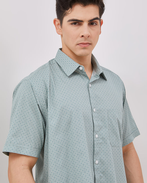 Men's Printed Sage Green Short Sleeve Shirt